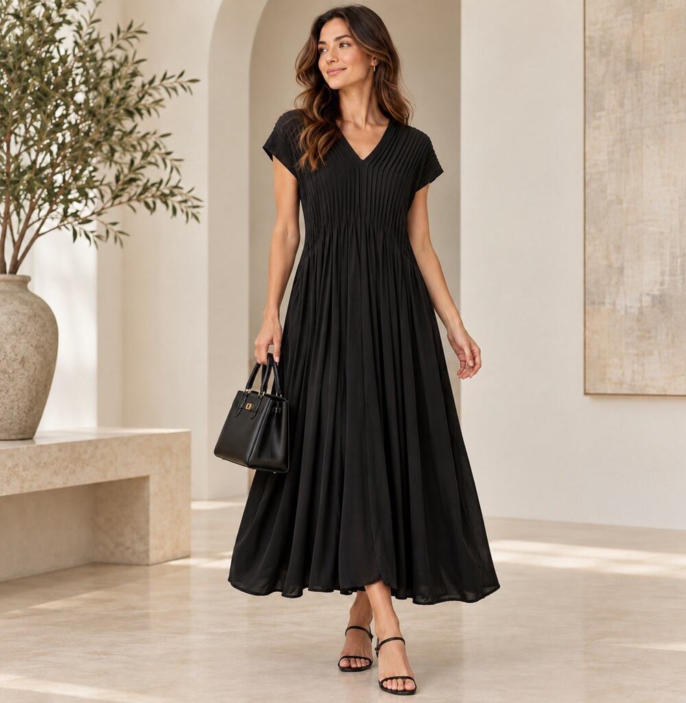 Chico’s Black Pleated Midi Dress Size 1 M Silk Blend V Neck Quiet Luxury Minimal